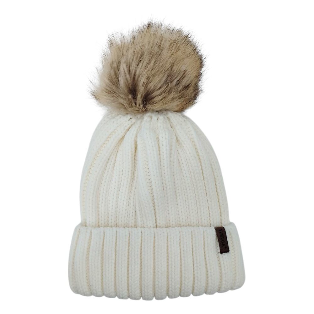 Furtalk Rib Knit Beanie Removable Faux Fur Pom Pom Cream Tan One Size